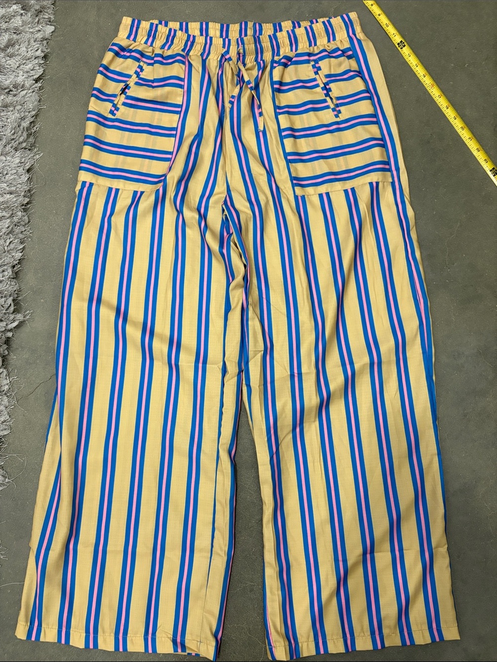 Wide Leg Striped Lounge Pants in tan with Blue & Pink